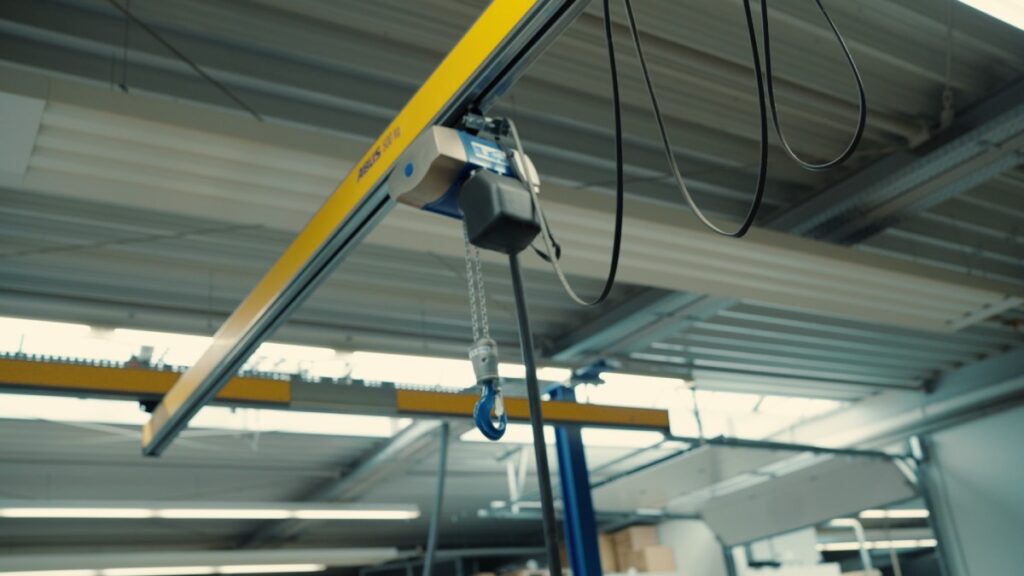 Gelber ABUS Kettenzug an der Hallendecke einer Industriewerkstatt